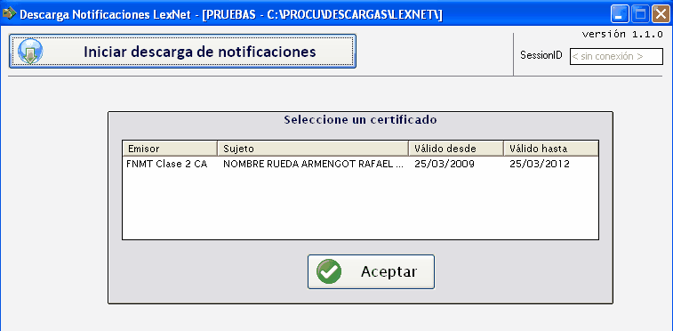 Selección del certificado en tarjeta criptográfica