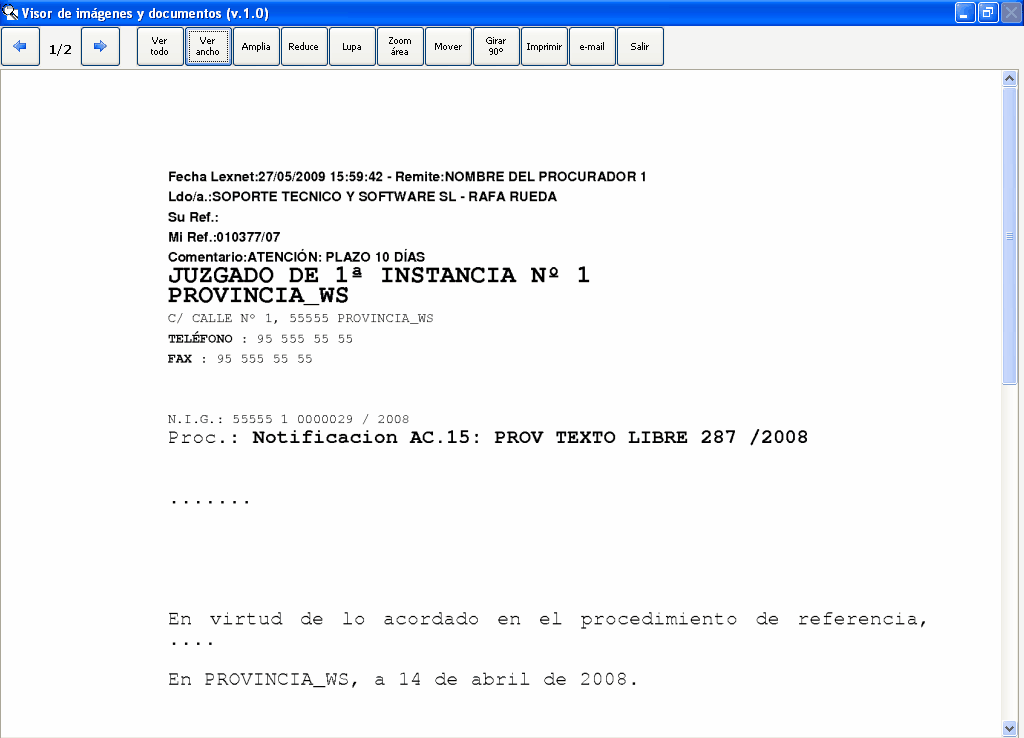 Visualización de la notificación importada al asunto