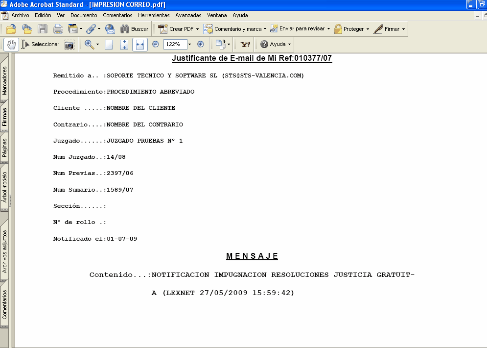 Justificante de envío del correo electrónico